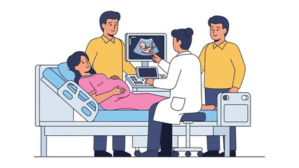 The Miracle of New Life: A pregnant woman lies in a hospital bed as a doctor and supportive figures gather around an ultrasound screen, the anticipation and emotion of the experience.