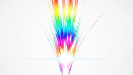 A dynamic burst of vibrant rainbow-colored light rays emanating from a bright white source on a light background.