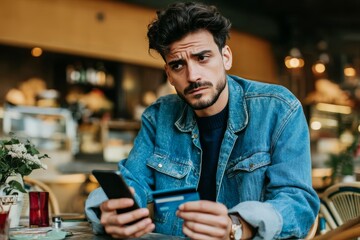 A man reflects while making an online purchase in a cafe setting, credit card in hand.