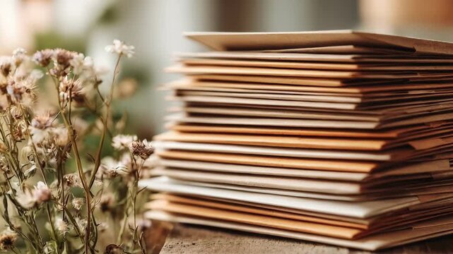 Medium shot showing a stack of mailers made from sustainable materials emphasizing environmentally responsible mail solutions