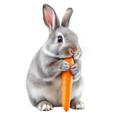 Adorable gray rabbit holding a large orange carrot on transparent background
