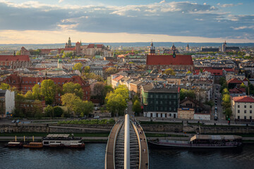 Spring panorama of Kazimierz district in Krakow, Poland during golden hour. Softlighted.