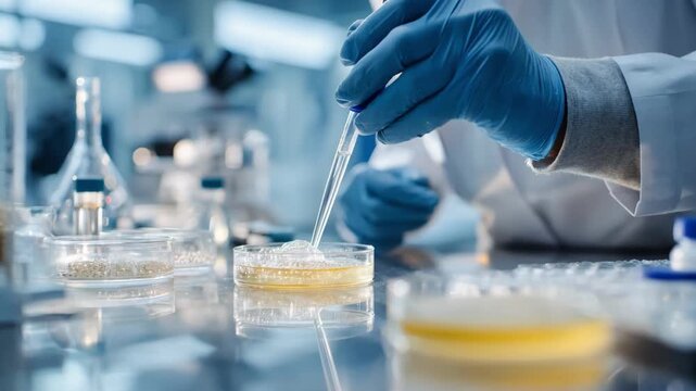 Scientist in lab coat carefully extracts cellulase enzymes from fungal cultures using sterile techniques in a modern industrial biotechnology facility.