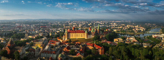 Panorama of Krakow with Wawel Castle in the center at summer morning, Krakow, Poland