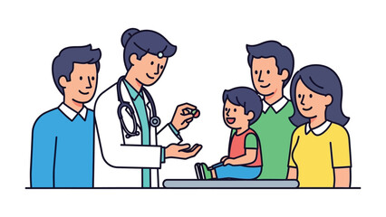 Health Check-up: A compassionate physician, surrounded by an attentive family, delivers caring healthcare during an important check-up.