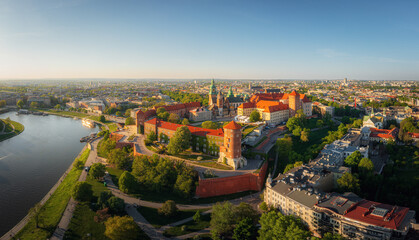Soft lighted Wawel Castle during sunset at golden hour, Krakow, Poland