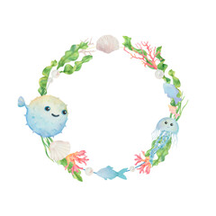 Cute Watercolor round frame with cartoon underwater animals and sea elements  © Sweet