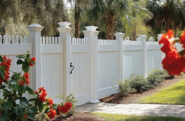 Lush green vegetation and vibrant red flowers frame the peaceful outdoor space.