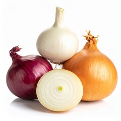 Assorted Onions Red Yellow and White Stacked on White Background Still Life