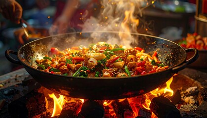 Sizzling stir-fry cooks over an open fire; vibrant vegetables and hearty meat release flavorful steam