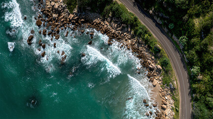 Aerial view of a coastal road alongside the ocean, with waves crashing on the rocky shore. The road curves gracefully, and the scene is captured with an eye-level angle