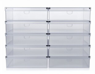 Stacked Clear Plastic Storage Boxes with Silver Accents on White Background