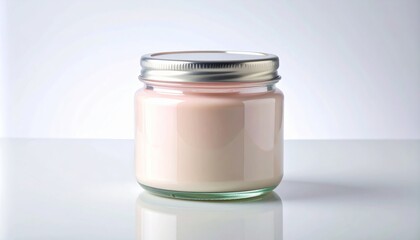 Strawberry Flavored Yogurt in Glass Jar with Silver Lid on White Surface