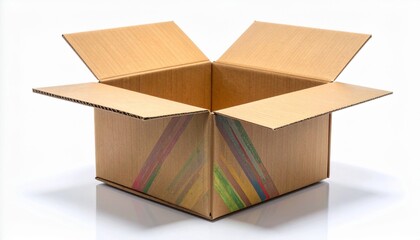 Open Brown Cardboard Box with Colorful Stripes on White Reflective Surface
