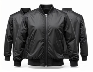 Three Black Bomber Jackets on Display in Bright Studio Lighting