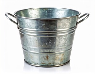 Close Up Metal Bucket with Silver Finish and Scratches on White Background