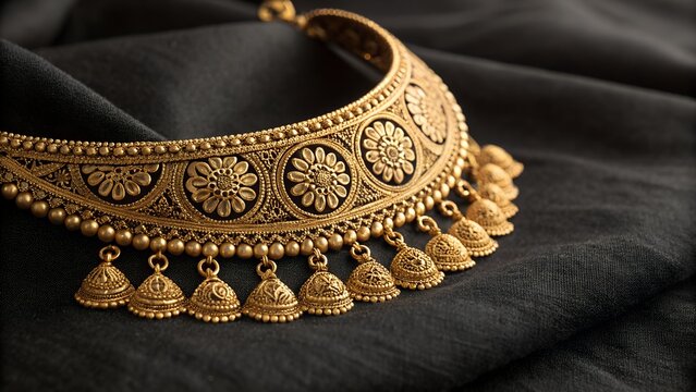 Beautiful Neckless gold jewellery isolated on black background side view. Jewellery stock photo.
