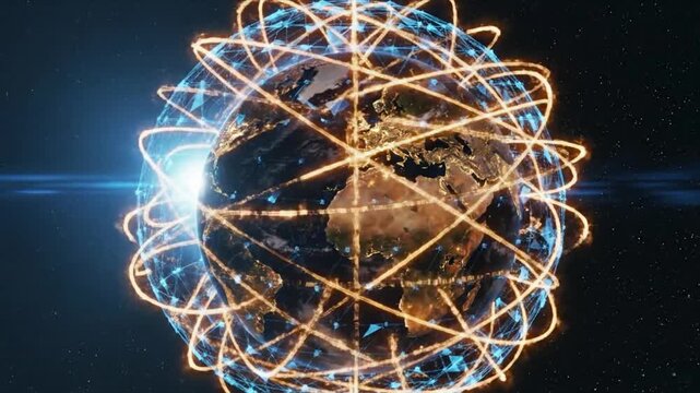 A glowing earth with blue network and orange lines connecting it against a starry background space view