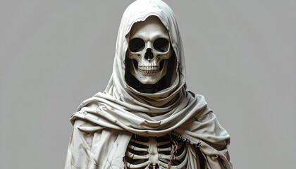 Skeletal figure draped in a hooded cloak, evocative and eerie against a plain, light background