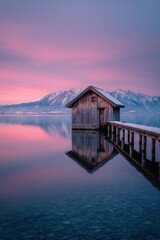 Fototapeta premium Sunrise over water with a wooden house and mountains in the background, creating a calm scene with reflections in the lake