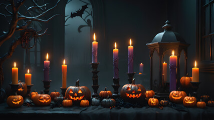 Halloween. Mushrooms and pumpkins with a castle and forest in the background	