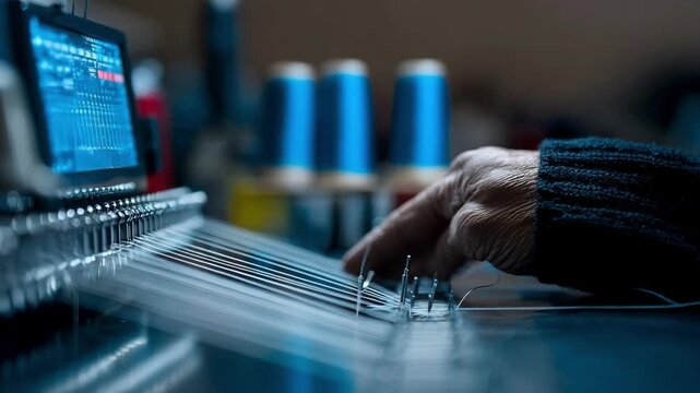 Tailor finetuning thread tension settings by hand while monitoring digital display blending traditional techniques with modern technology.