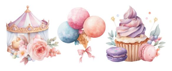 Whimsical Watercolor Carnival Celebration with Sweet Treats and Delicate Flowers
