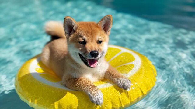 Shiba Inu dog relaxing on yellow lemon pool float in swimming pool, fun summer vacation pet concept, tropical leisure lifestyle scene for travel and design