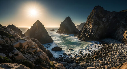 Dramatic rocky coastline landscape with ocean waves crashing against rugged shoreline at sunset with warm sunlight and serene natural scenery