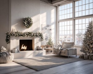 Obraz premium Minimal white living room with fireplace Christmas decoration natural light cozy winter interior