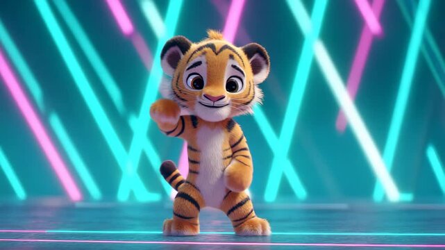 Cartoon tiger dancing on neon stage with colorful lights, energetic party animal illustration, vibrant music celebration scene for entertainment and creative design