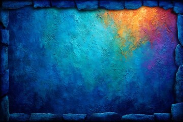 Abstract art textured blue and orange gradient painting with a rustic stone frame texture