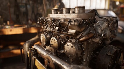Fototapeta premium old car engine with large mechanical tolerances, thick components, simplified design, rough but durable look, workshop environment, realistic