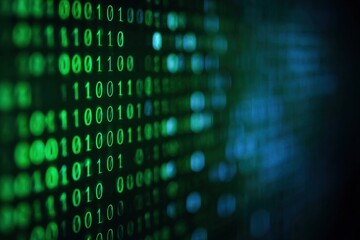 Abstract binary code display in green and blue tones