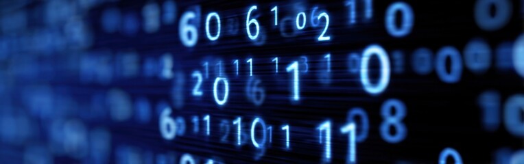 Abstract digital binary code in blue with glowing numbers on a dark background