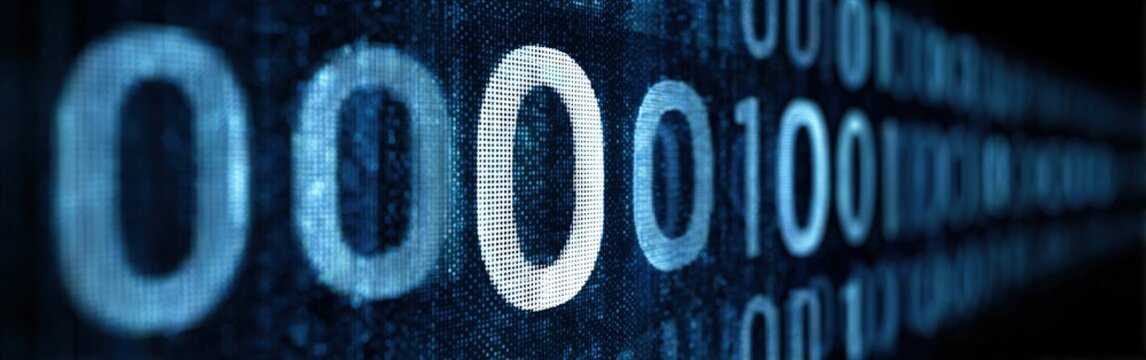 Binary code display with glowing digits on digital screen - Powered by Adobe