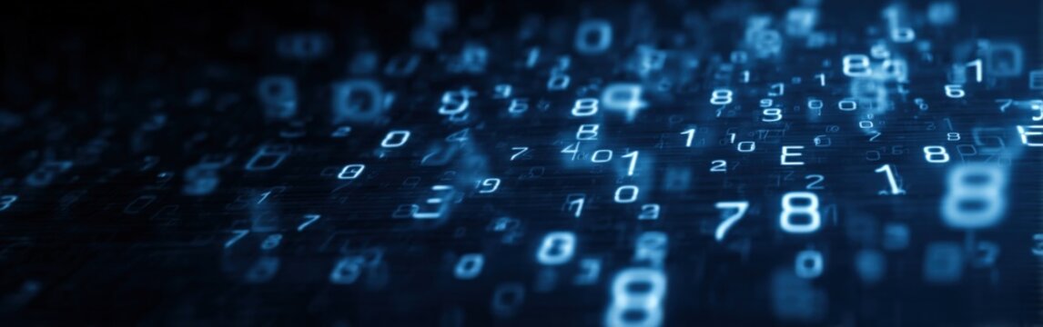 Abstract digital matrix with blue glowing numbers and binary code - Powered by Adobe