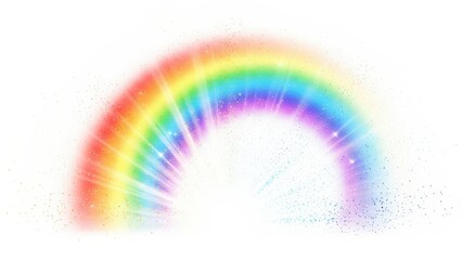 Obraz premium A vibrant, glowing rainbow arching across a white background with a bright, sparkling light emanating from its center.