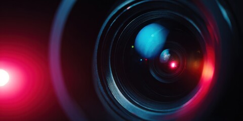Close-up of camera lens with colorful reflections and light flare