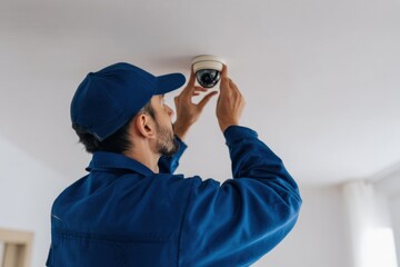 Young hispanic male technician installing ceiling surveillance camera indoors