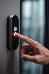 Finger pressing smart doorbell button with futuristic design