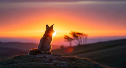 Fox silhouetted against a vibrant sunset over rolling hills and trees