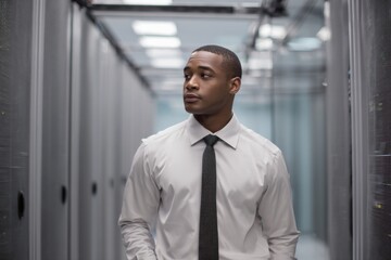Young african male professional in data center server room