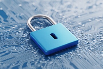 Blue padlock on circuit board symbolizing cybersecurity and data protection