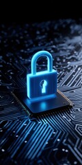 Digital security concept: glowing lock on circuit board
