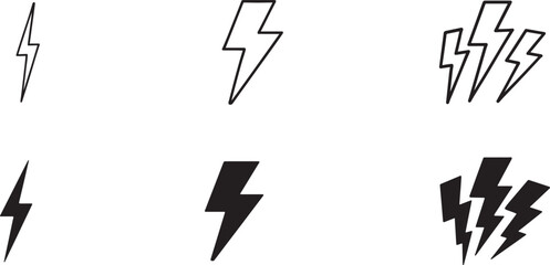 Lightning bolt icon set in silhouette style, ideal for energy, power, and design projects.