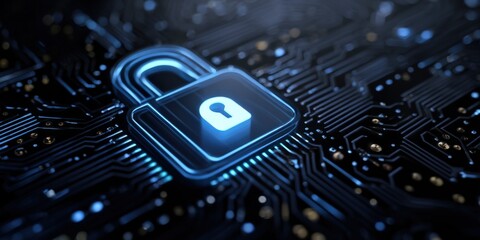 Digital security: glowing padlock on circuit board
