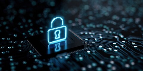 Glowing padlock symbol on circuit board representing cybersecurity and data protection