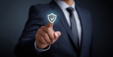 Businessman choosing digital security interface with shield icon