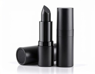 Obraz premium Dramatic Black Lipstick Tubes on Seamless White Backdrop Studio Shot